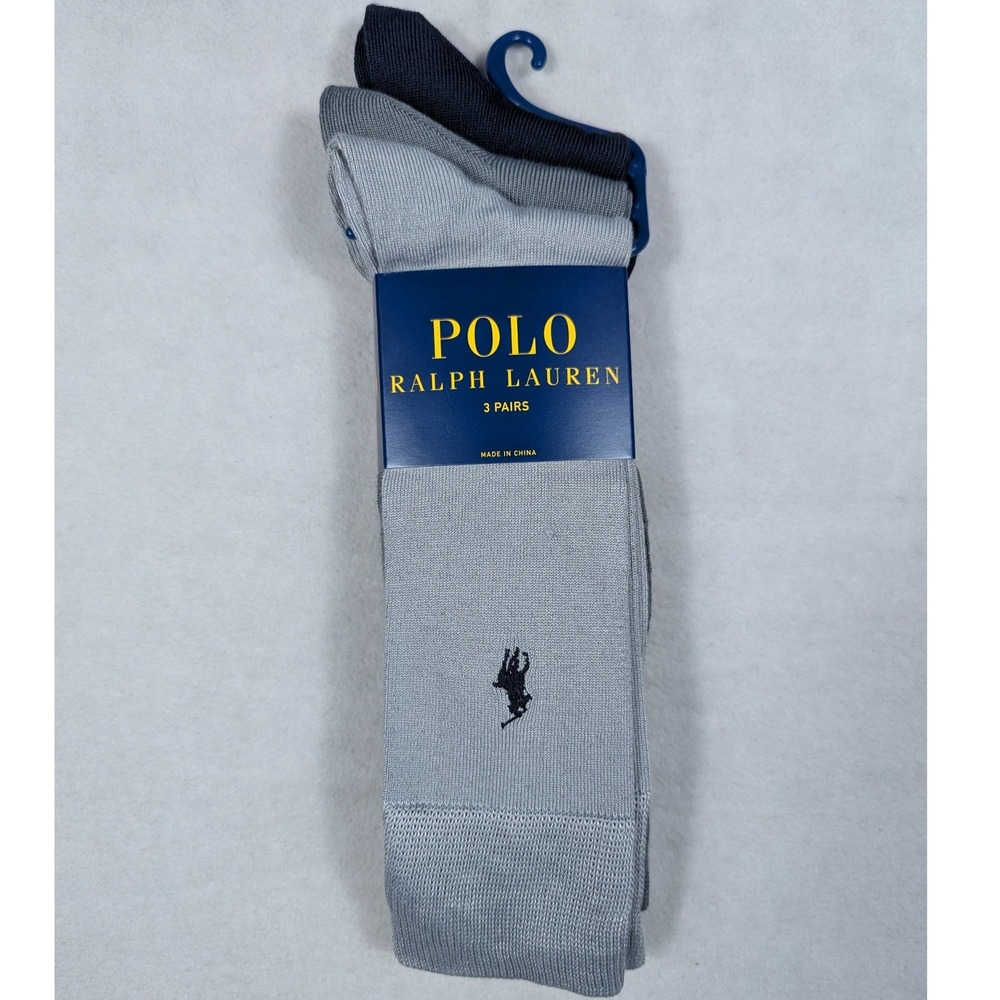 NEW Polo Ralph Lauren Mens 3 Pair Dress Socks Grey Navy Blue Pony Logo